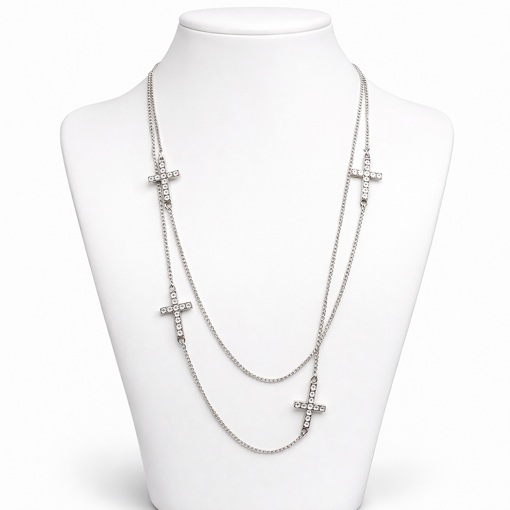 Silver Cross Pendant Necklace | Layered Chain Jewelry | Elegant